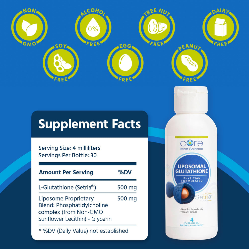 Core Med Science Citrus-flavored liposomal glutathione liquid for easy intake.