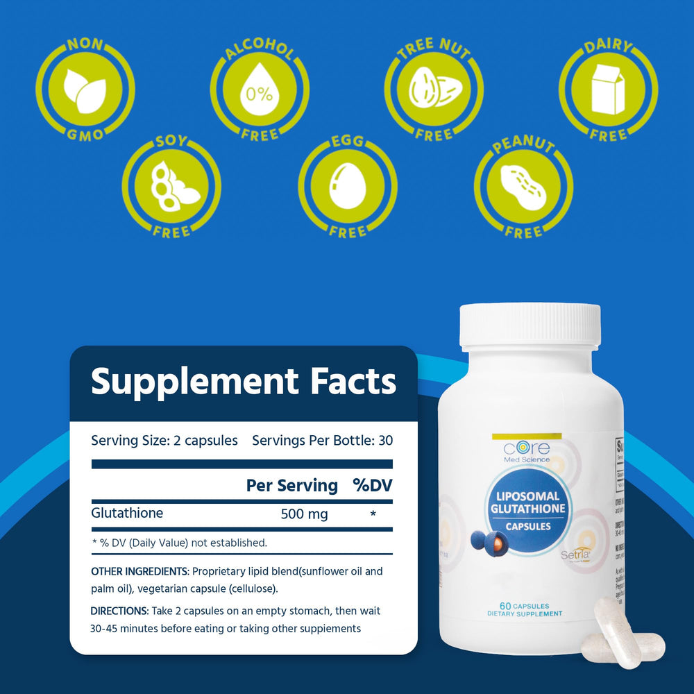 Core Med Science glutathione bottle label highlighting liposomal delivery and purity.