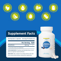 Core Med Science glutathione bottle label highlighting liposomal delivery and purity.