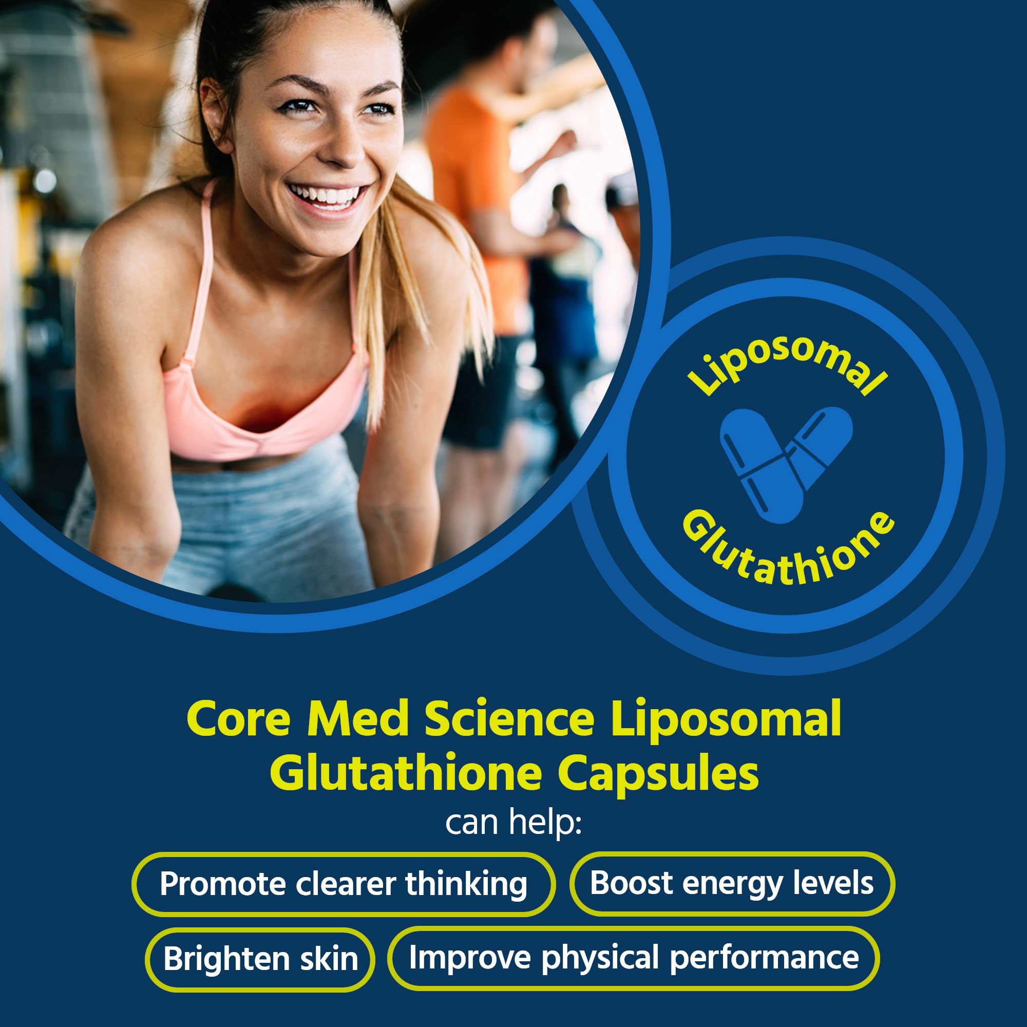 Core Med Science glutathione capsules close-up showing easy-to-swallow form.