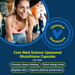 Core Med Science glutathione capsules close-up showing easy-to-swallow form.