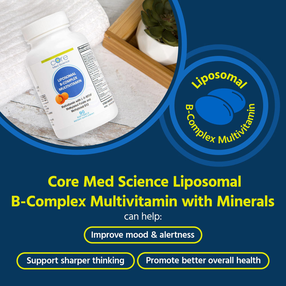 Core Med Science Liposomal B-Complex softgels close-up, gentle on the stomach and easy to swallow.