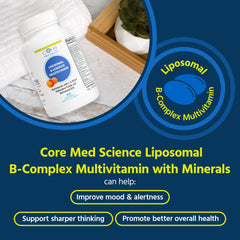 Core Med Science Liposomal B-Complex softgels close-up, gentle on the stomach and easy to swallow.