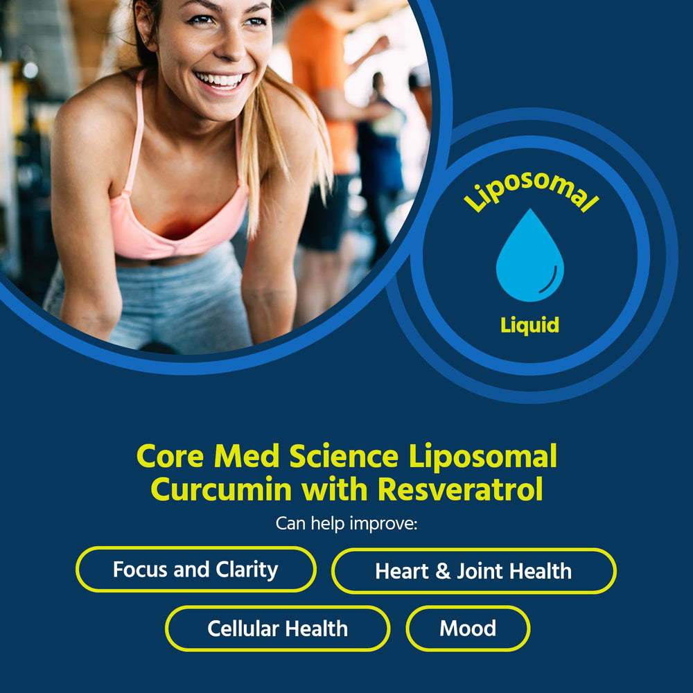 Core Med Science liposomal curcumin resveratrol bottle side view showcasing travel-friendly packaging.