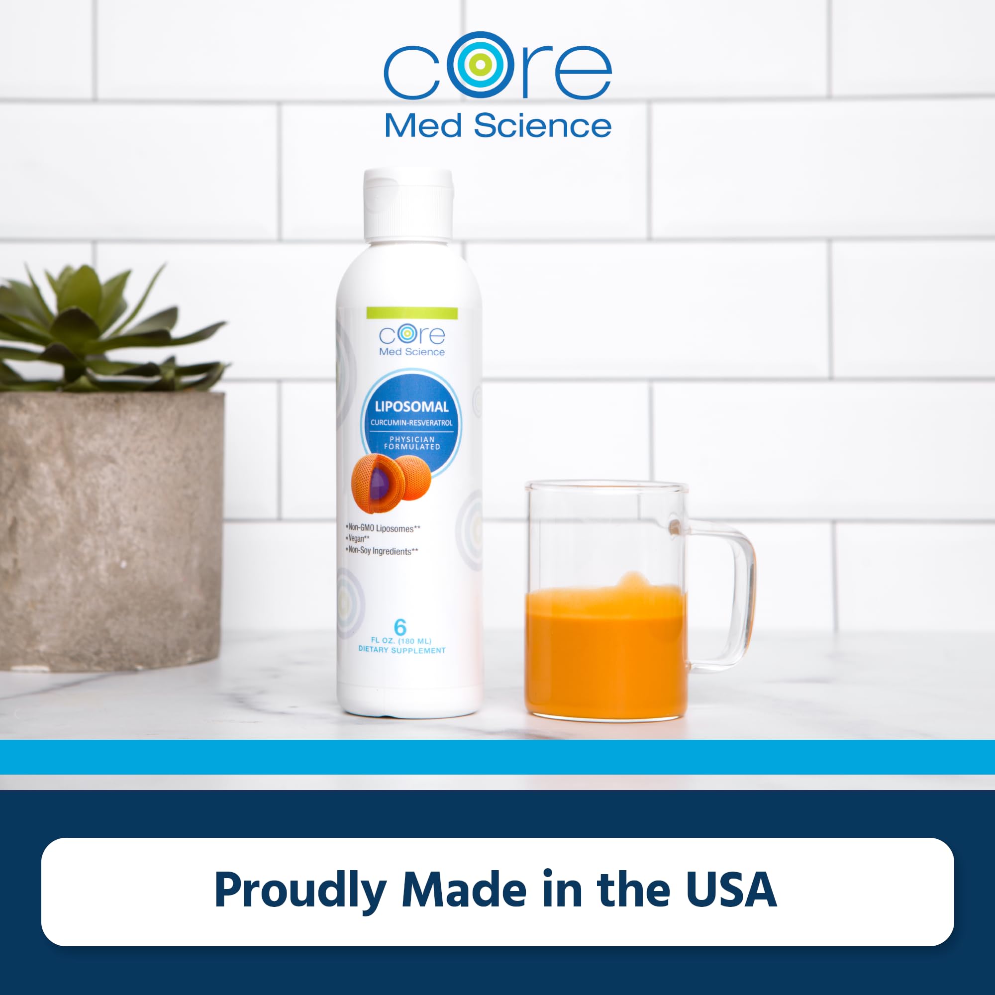 Core Med Science liposomal curcumin resveratrol compact bottle on shelf supports daily routine.