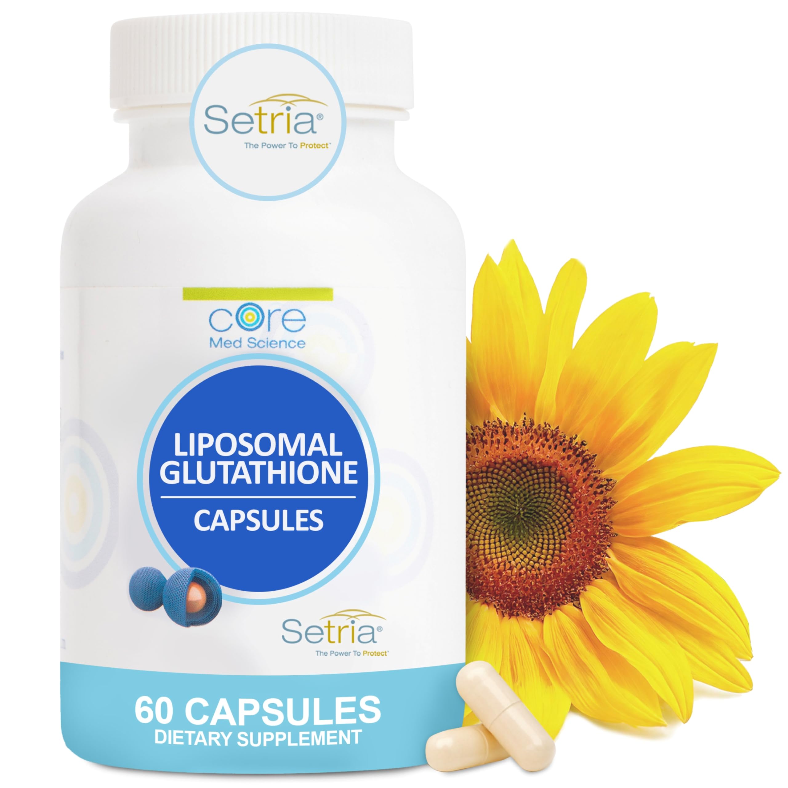 Core Med Science liposomal glutathione bottle with capsules for daily antioxidant support.