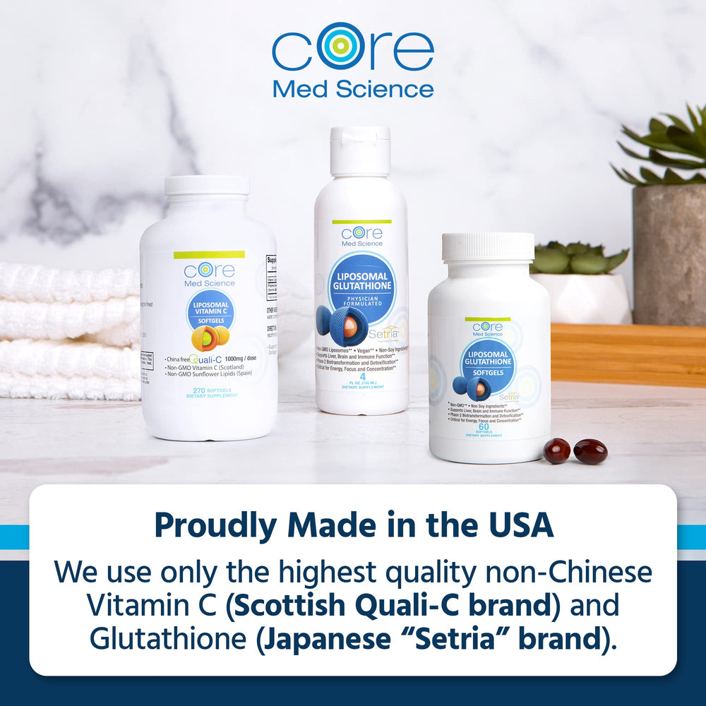 Core Med Science Liposomal Glutathione lifestyle shot suggests daily energy and wellness routine.