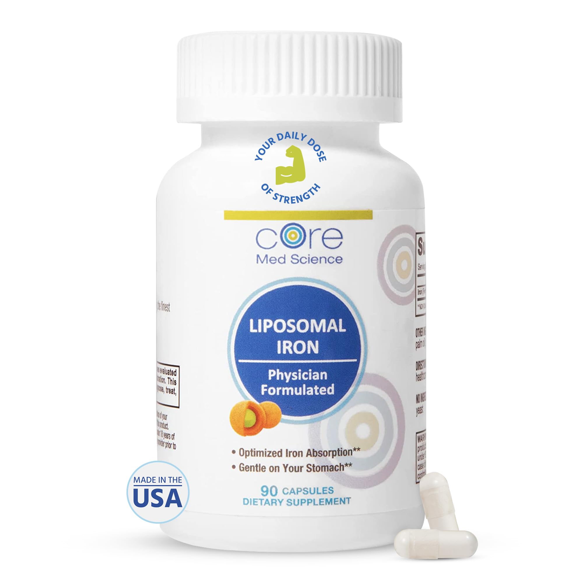 Core Med Science liposomal iron capsules bottle with 90-count packaging for daily energy.