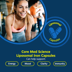 Close-up of Core Med Science liposomal iron capsules, smooth texture and easy-to-swallow design.