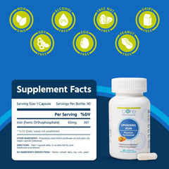 Core Med Science liposomal iron label close-up highlighting dairy-free formula.