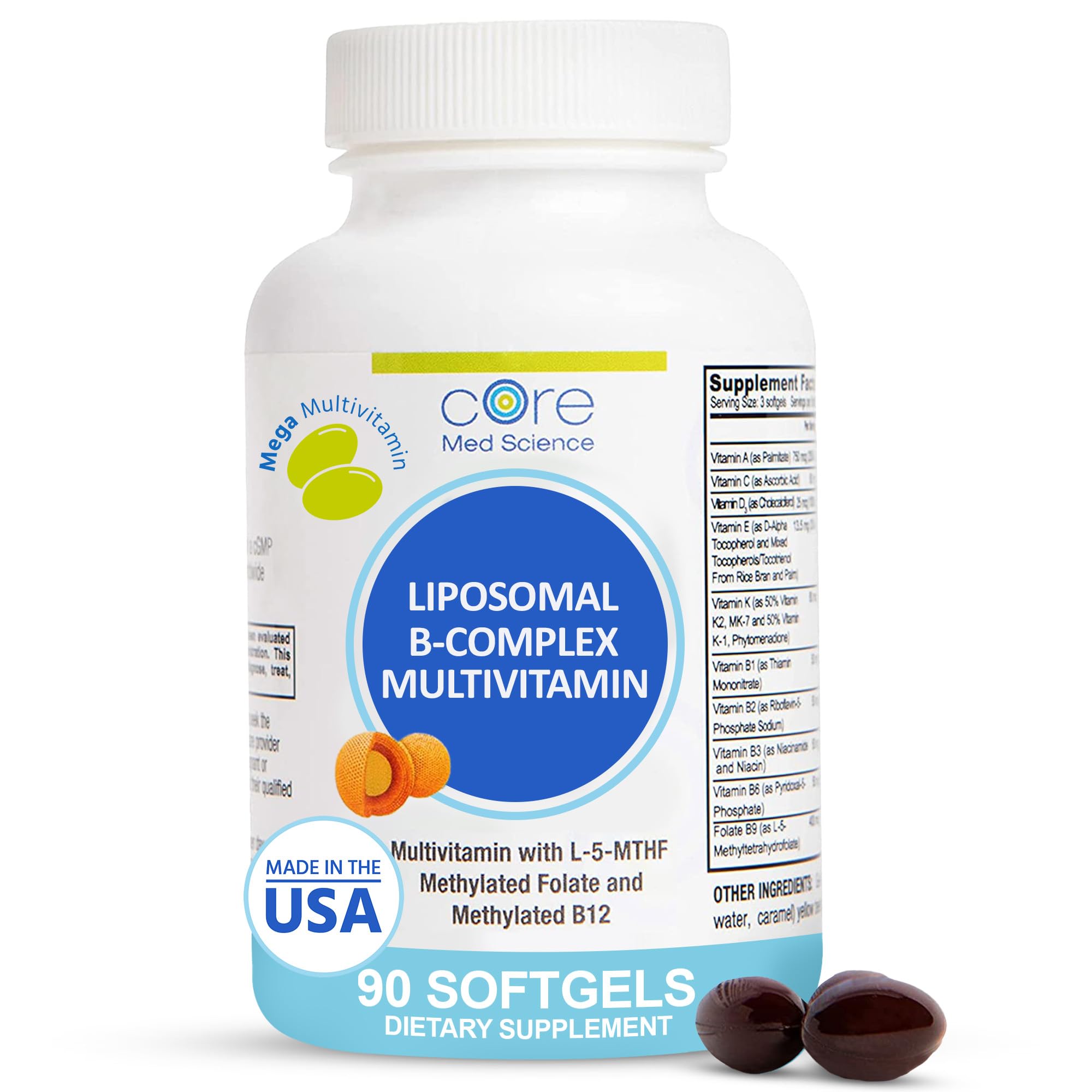 Core Med Science Liposomal B-Complex bottle front, non-GMO daily multivitamin for energy support.