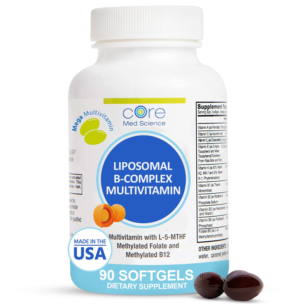 Core Med Science Liposomal B-Complex bottle front, non-GMO daily multivitamin for energy support.