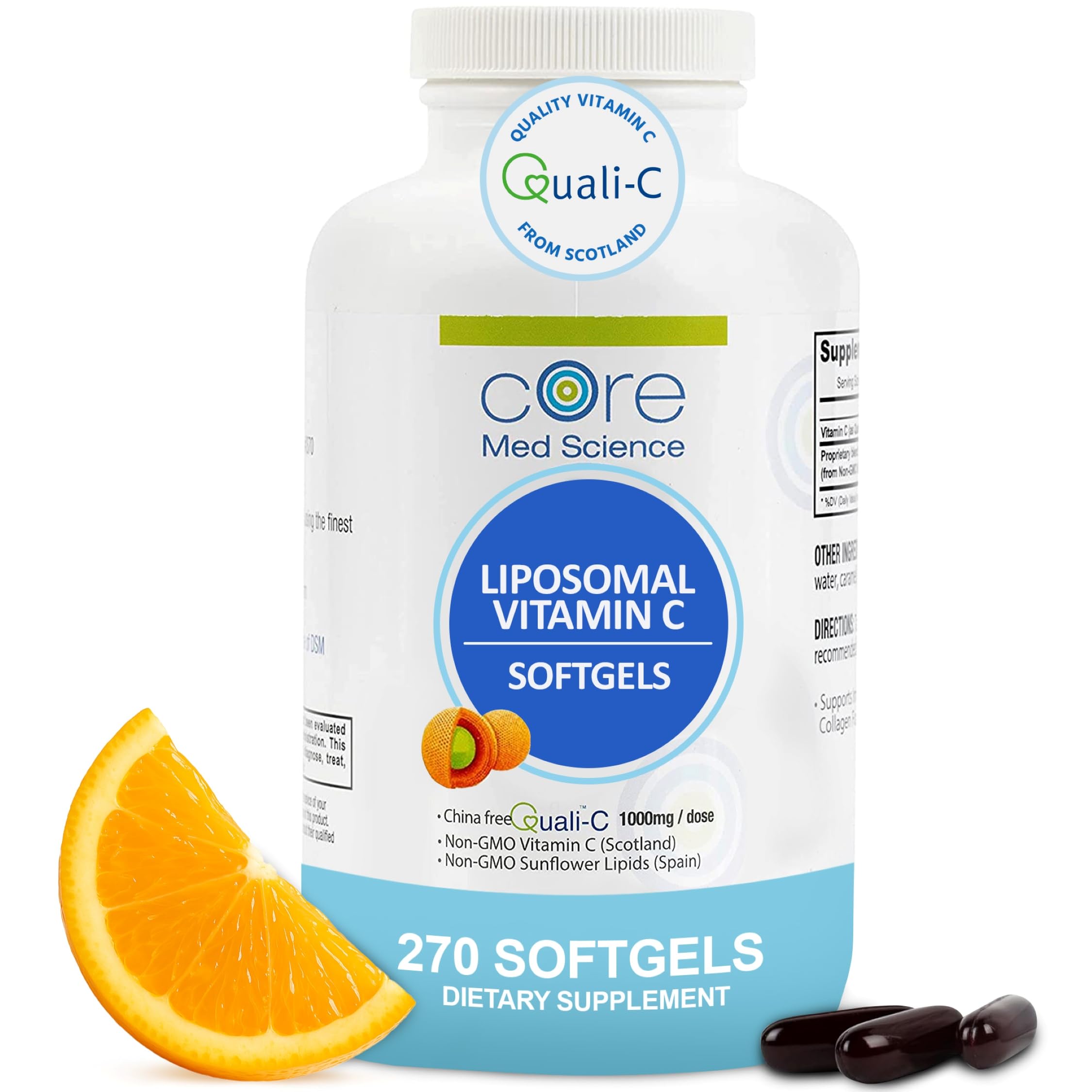 Core Med Science Liposomal Vitamin C 1000mg bottle front showing 270 softgels for potential immune support