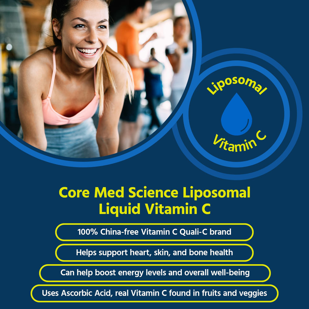 Core Med Science liposomal vitamin C bottle back explains 30 servings and 1000 mg per serving.