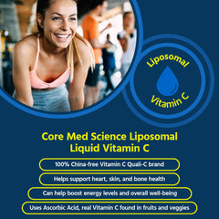 Core Med Science liposomal vitamin C bottle back explains 30 servings and 1000 mg per serving.