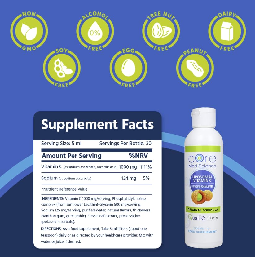 Pouring Core Med Science liposomal vitamin C into a glass demonstrates easy daily intake.