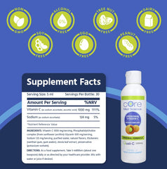 Pouring Core Med Science liposomal vitamin C into a glass demonstrates easy daily intake.