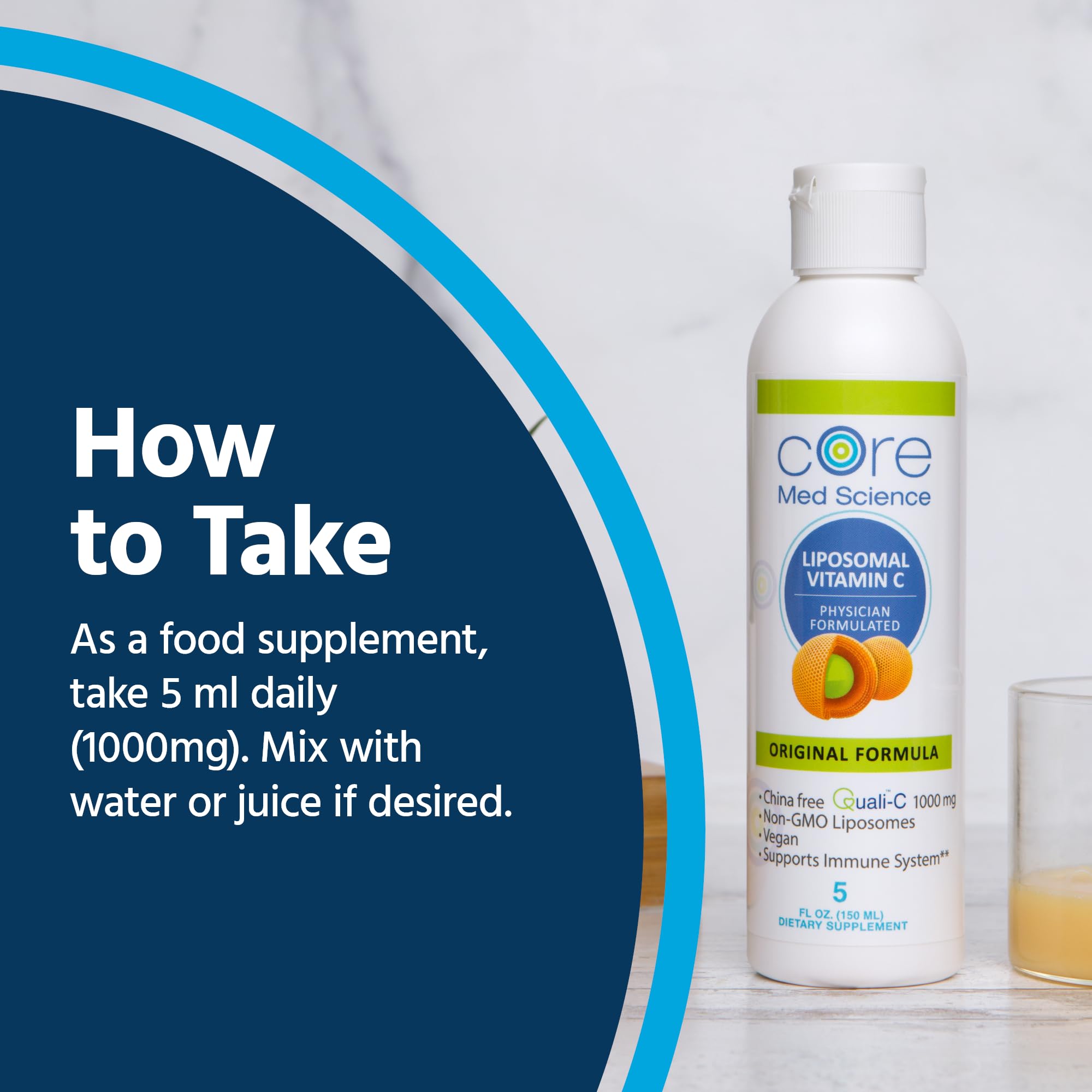 Core Med Science liposomal vitamin C packaging emphasizes non-GMO and allergen-free labeling.