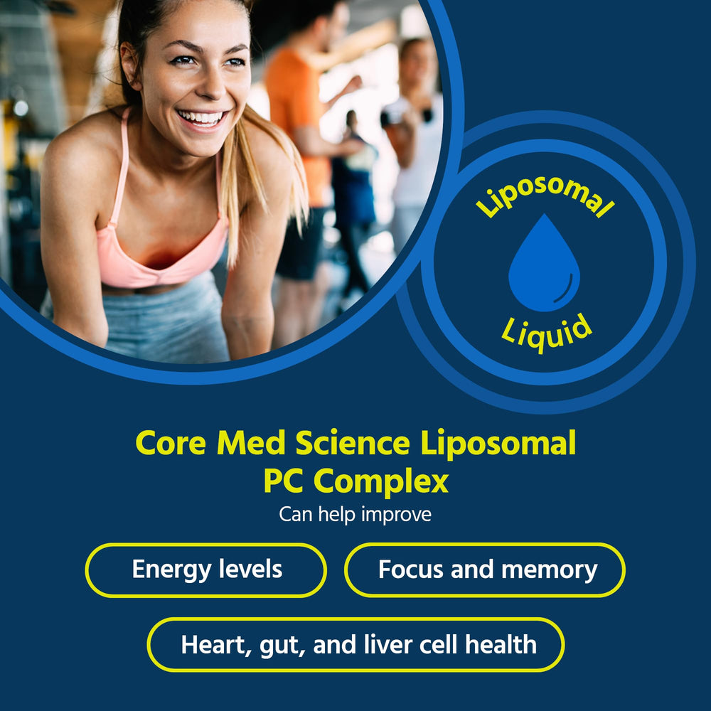 Core Med Science phosphatidylcholine bottle pour demonstrates convenient daily dosing for gut support.