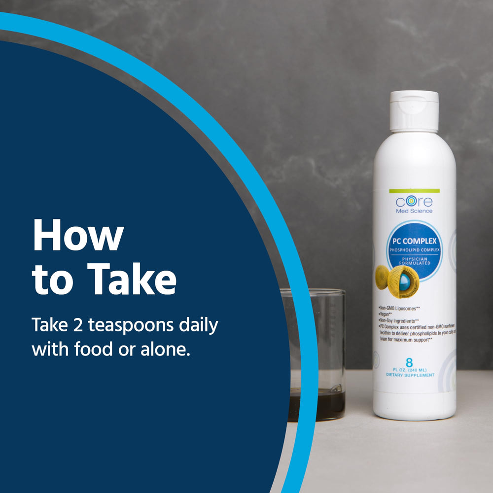 Core Med Science bottle on countertop with glass suggests daily use for cognitive and gut support.