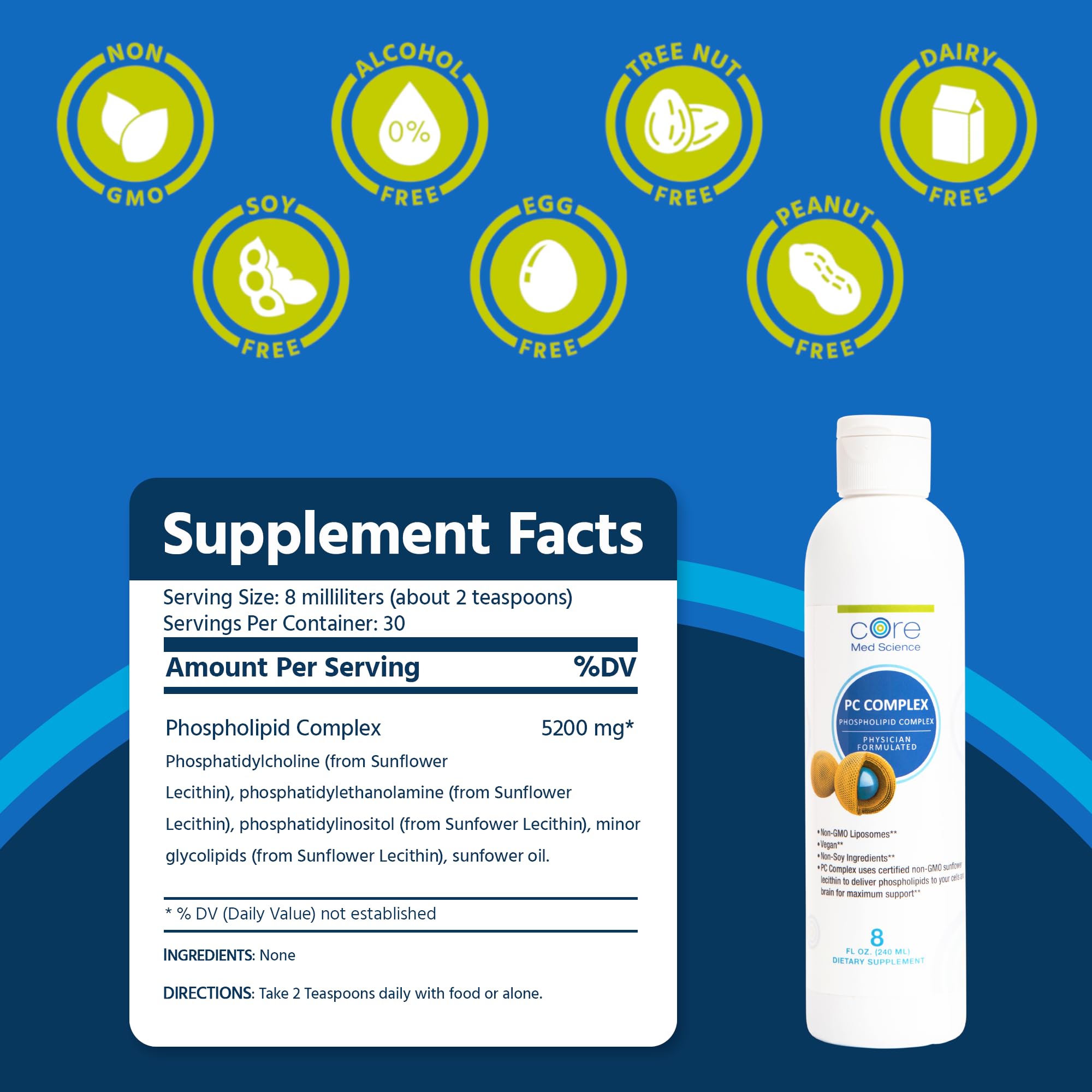 Core Med Science phosphatidylcholine liquid close-up highlighting liposomal bubbles for enhanced absorption.