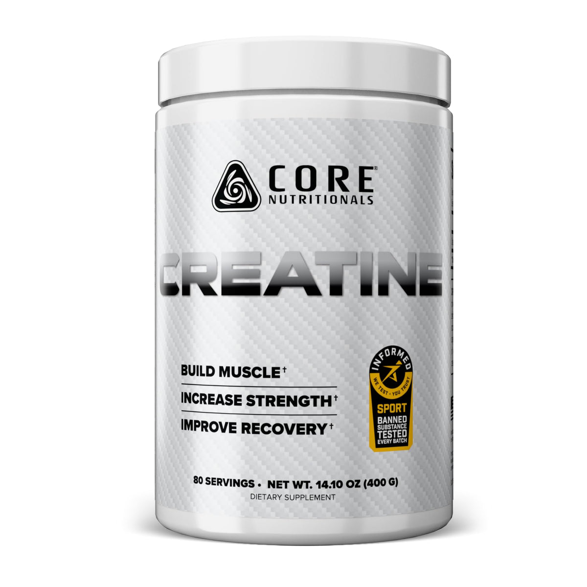Core Nutritionals Creatine Monohydrate bottle on the counter for daily strength support