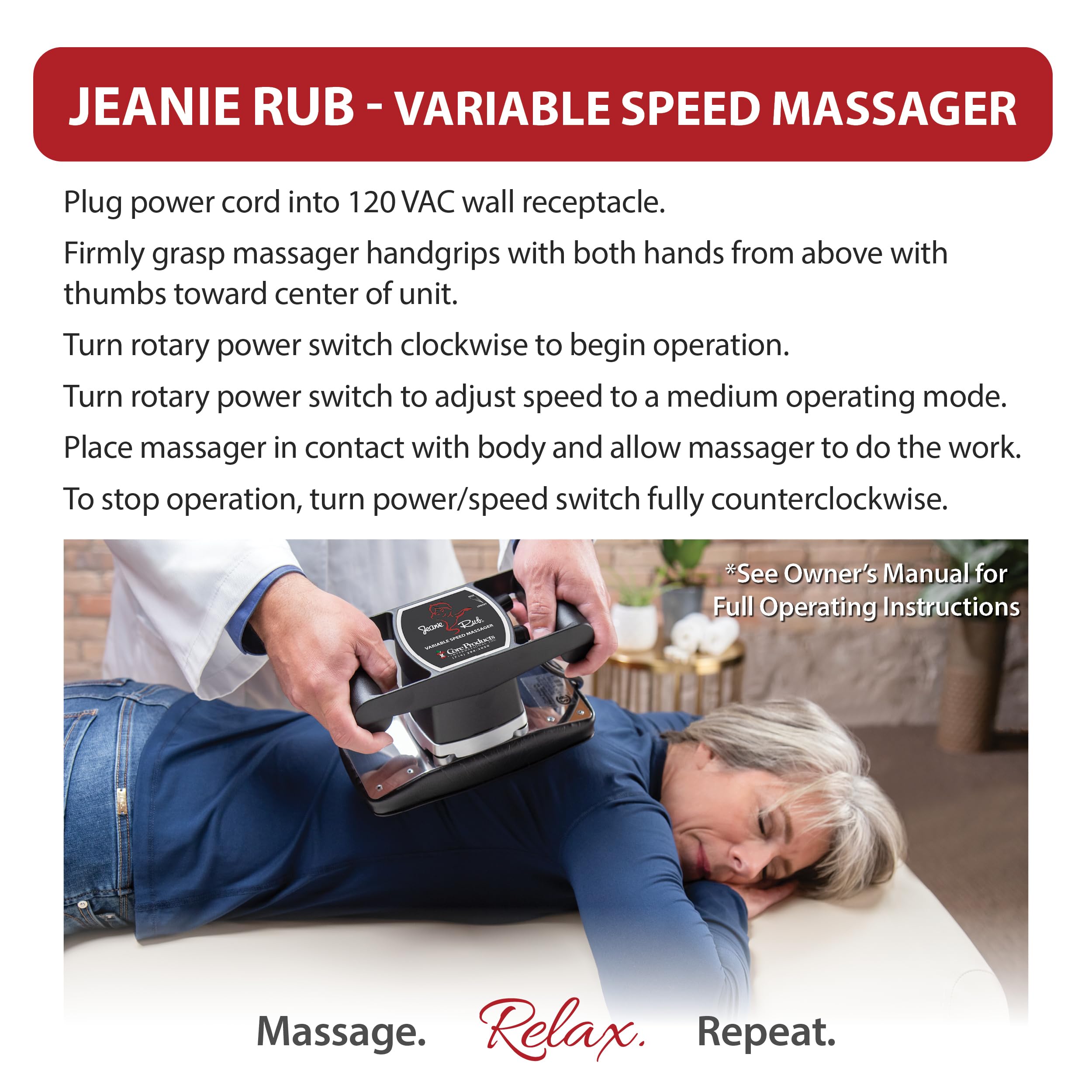 Core Products Jeanie Rub Massager 12-foot cord enabling flexible movement.