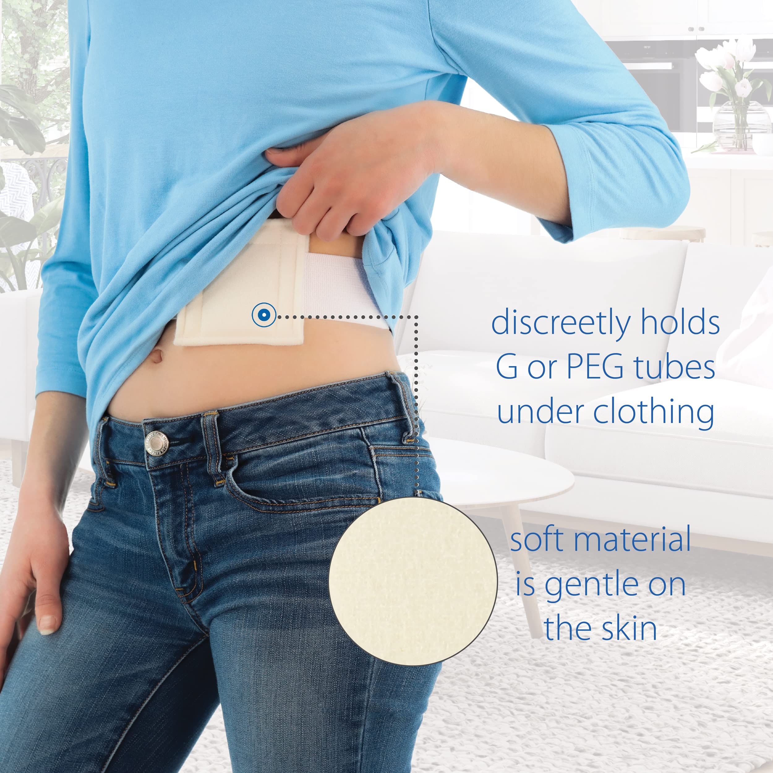 NelMed G-Tube Holder with grip tab demonstrates easy access during feeding.