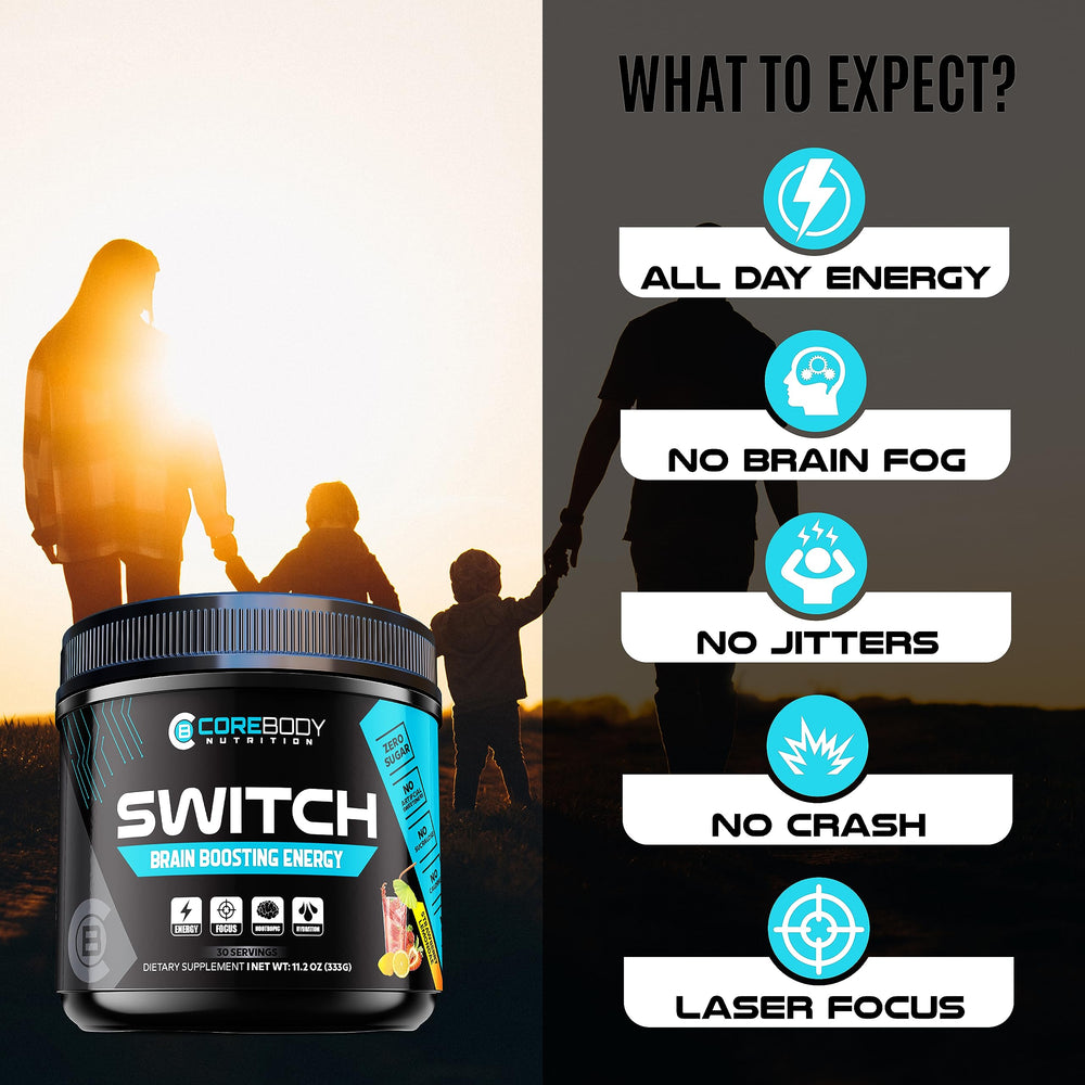 CoreBody Switch bottle-closeup-ingredients highlights Alpha GPC and Ashwagandha for cognitive support.