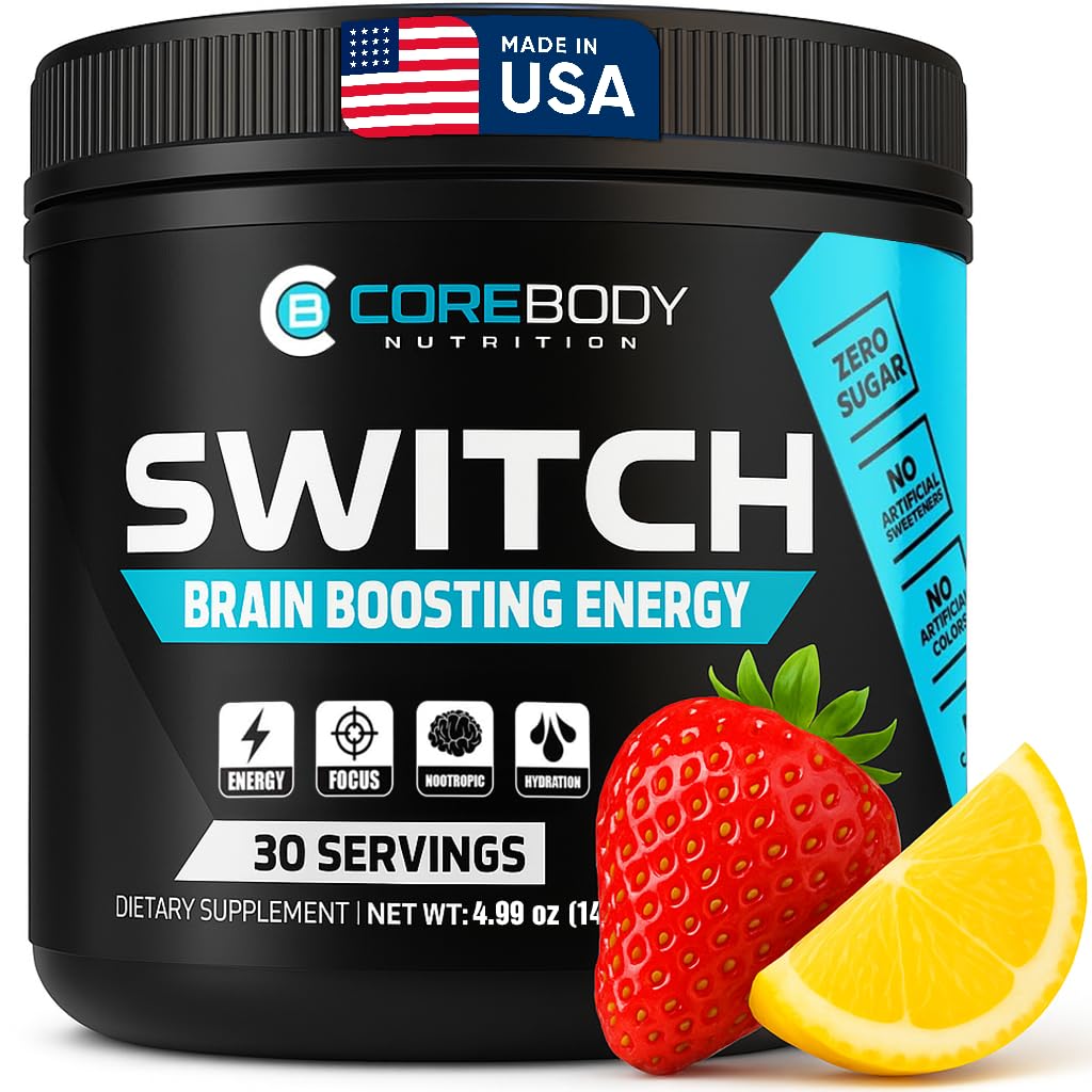 CoreBody Switch bottle-front shows a brain-boosting powder for steady daily focus.