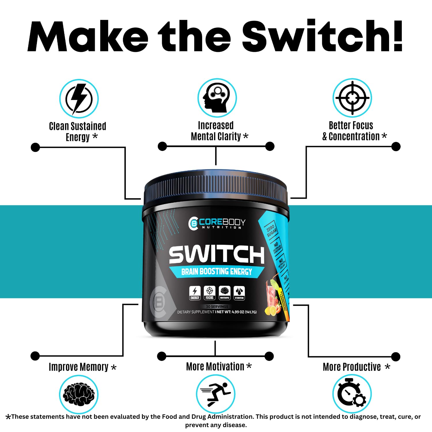 CoreBody Switch powder-dissolve-glass depicts quick mix into water for a smooth drink.