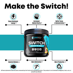 CoreBody Switch powder-dissolve-glass depicts quick mix into water for a smooth drink.