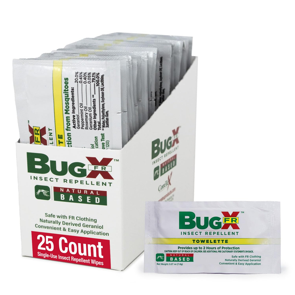 CoreTex Bug X FR wipes pack shot, 25-count, ready for outdoor protection.