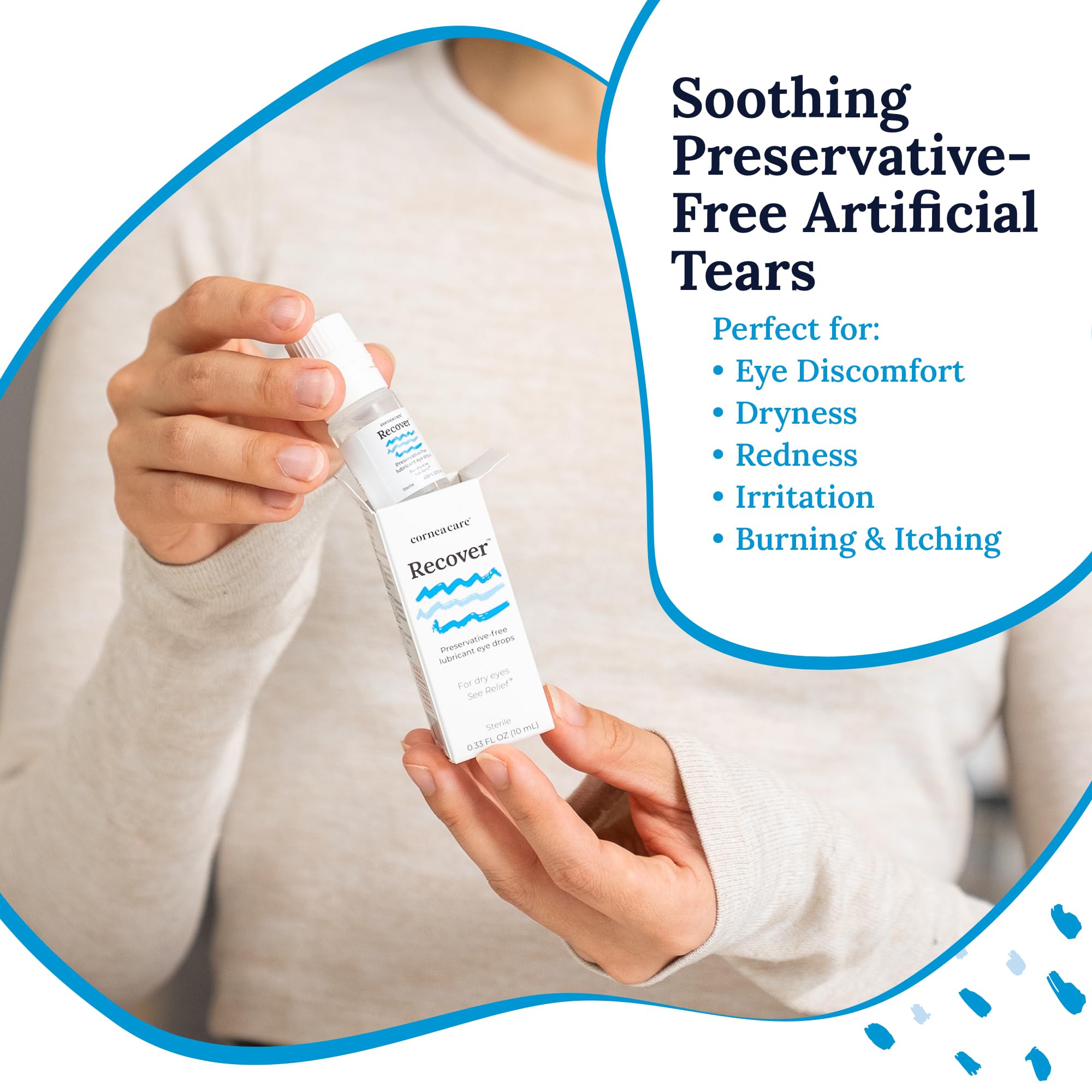 CorneaCare Recover drops in use, demonstrating gentle application for dry eye relief.