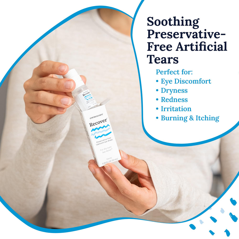 CorneaCare Recover drops in use, demonstrating gentle application for dry eye relief.