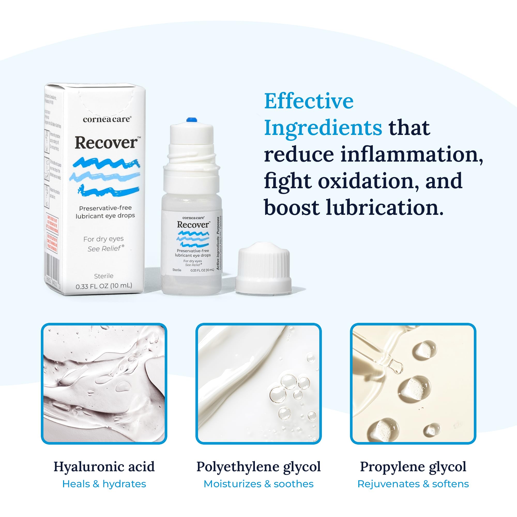 Packaging of CorneaCare Recover highlights preservative-free formulation and bottle design.
