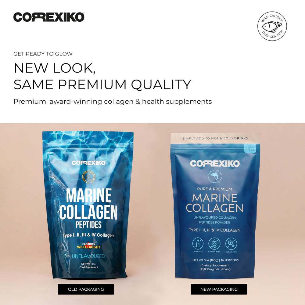 CORREXIKO marine collagen powder-dispense—convenient, tasteless mix into drinks.