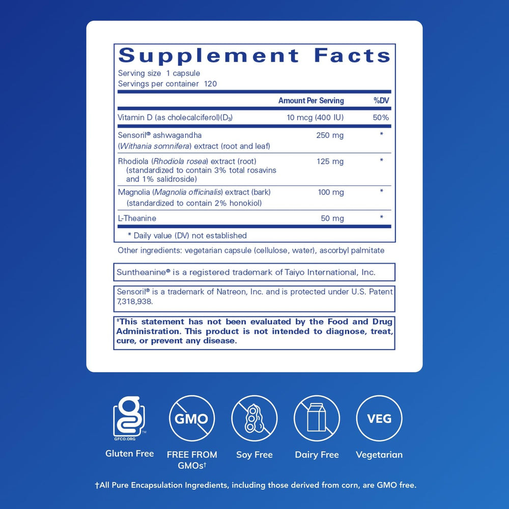 Pure Encapsulations Cortisol Calm capsules close-up for daily stress management support.