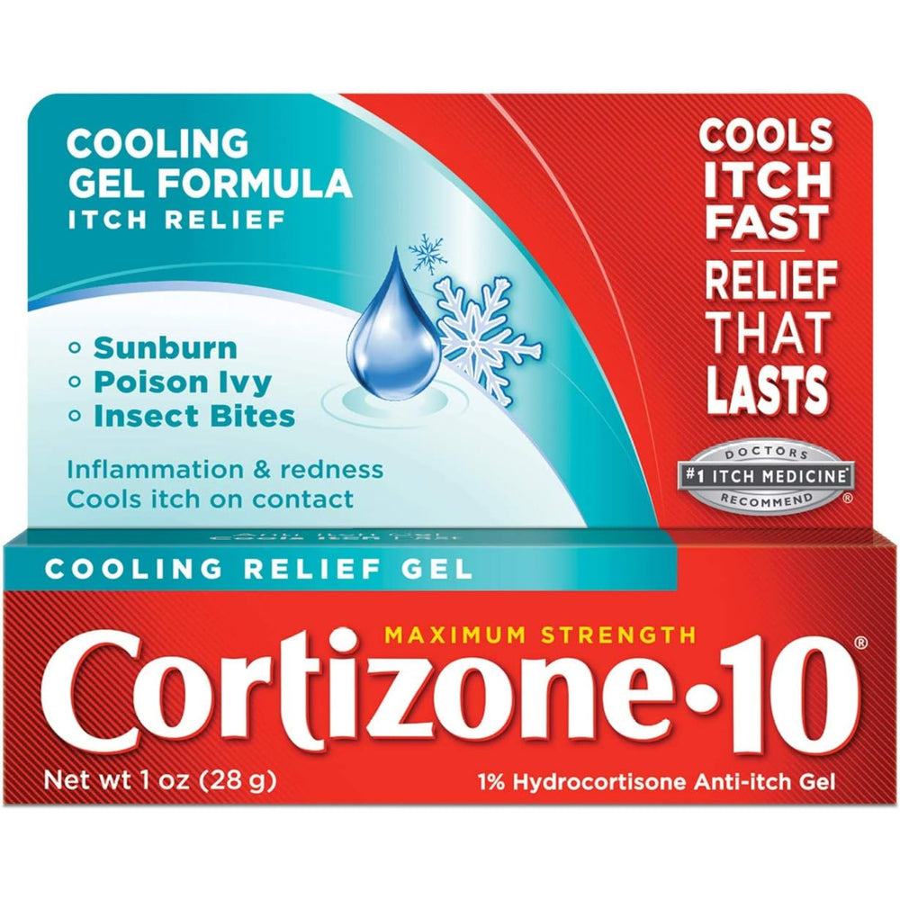 Cortizone-10 cooling-relief-gel bottle on skin for itch relief.