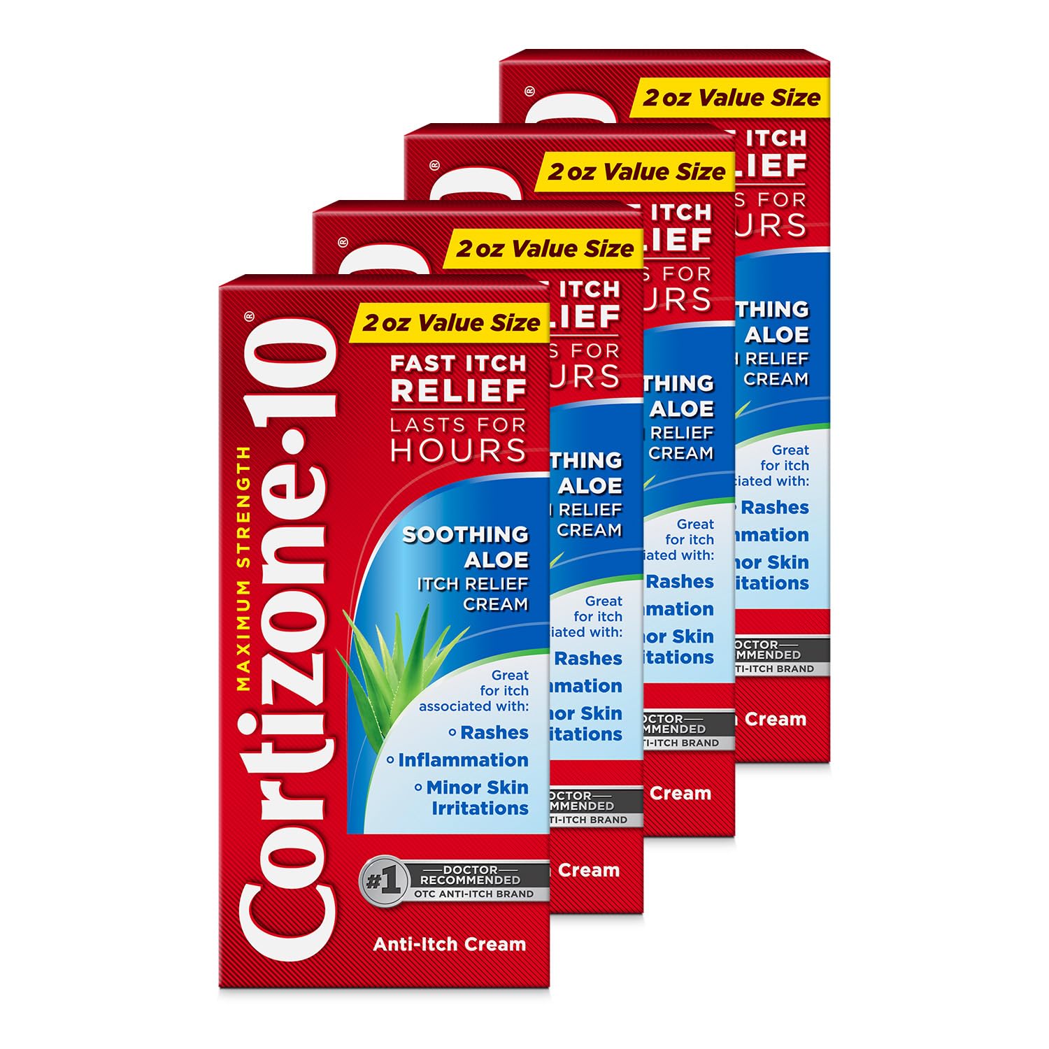 Cortizone-10 maximum-strength soothing aloe cream tube for fast itch relief on skin.