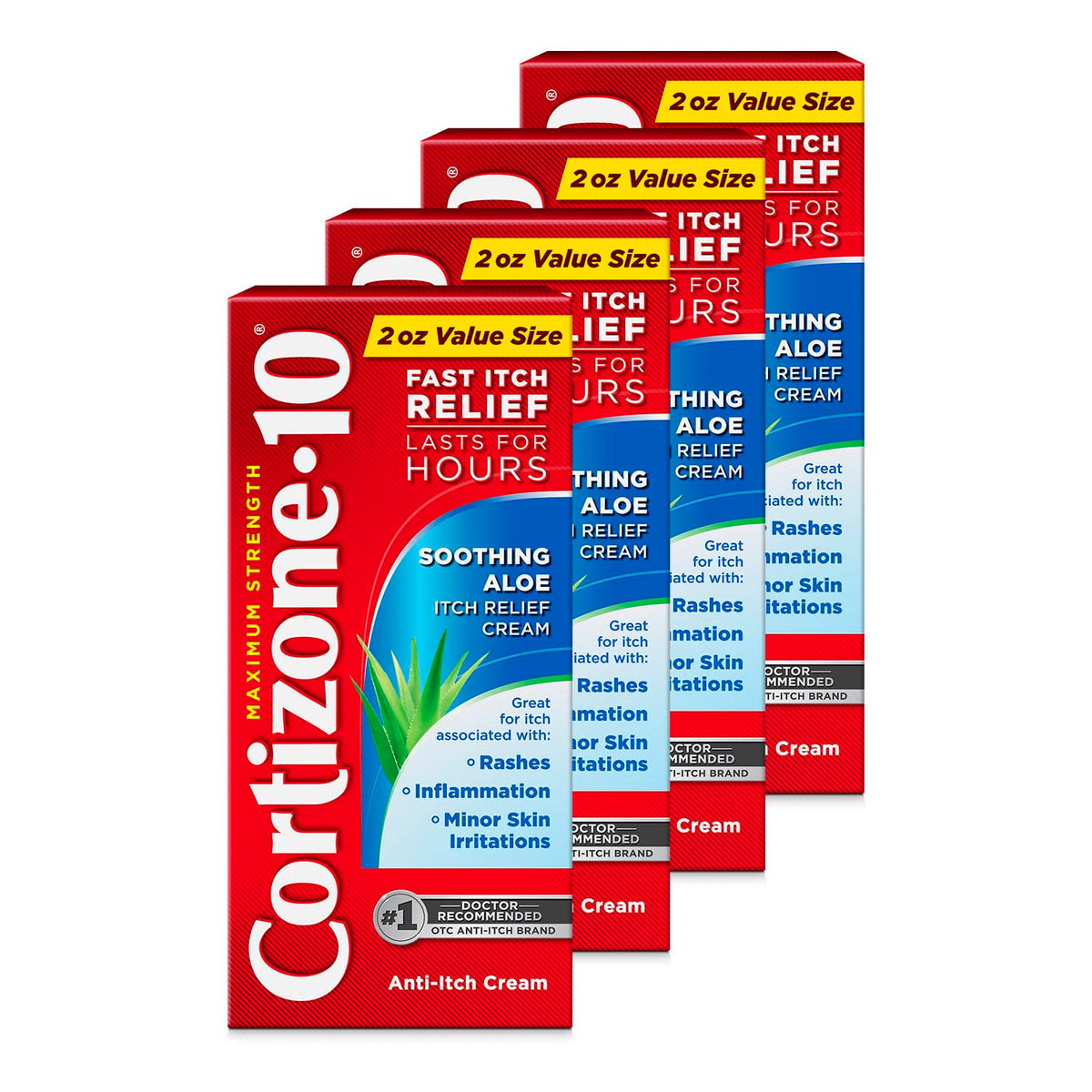 Cortizone-10 maximum-strength soothing aloe cream tube for fast itch relief on skin.