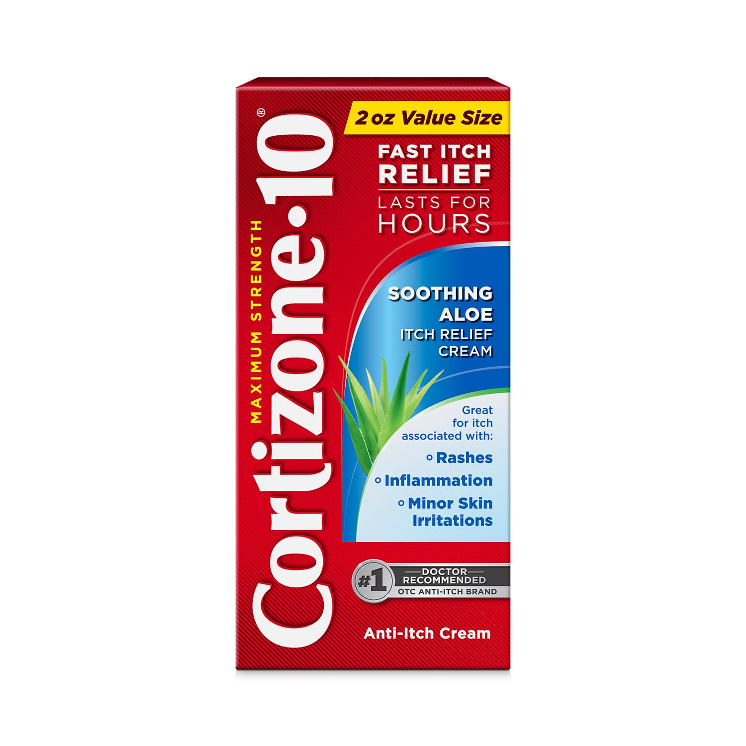 Cortizone-10 maximum-strength soothing aloe cream tube for fast itch relief on minor irritations.