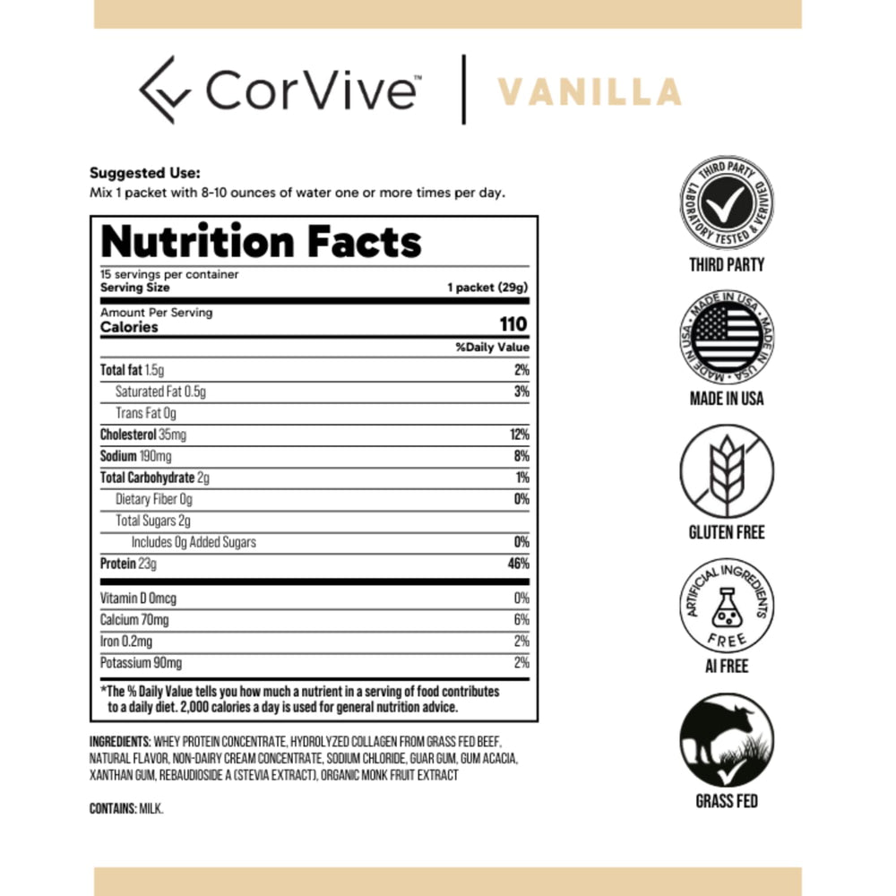 CorVive Protein Collagen bottle nutrition label for informed choices.