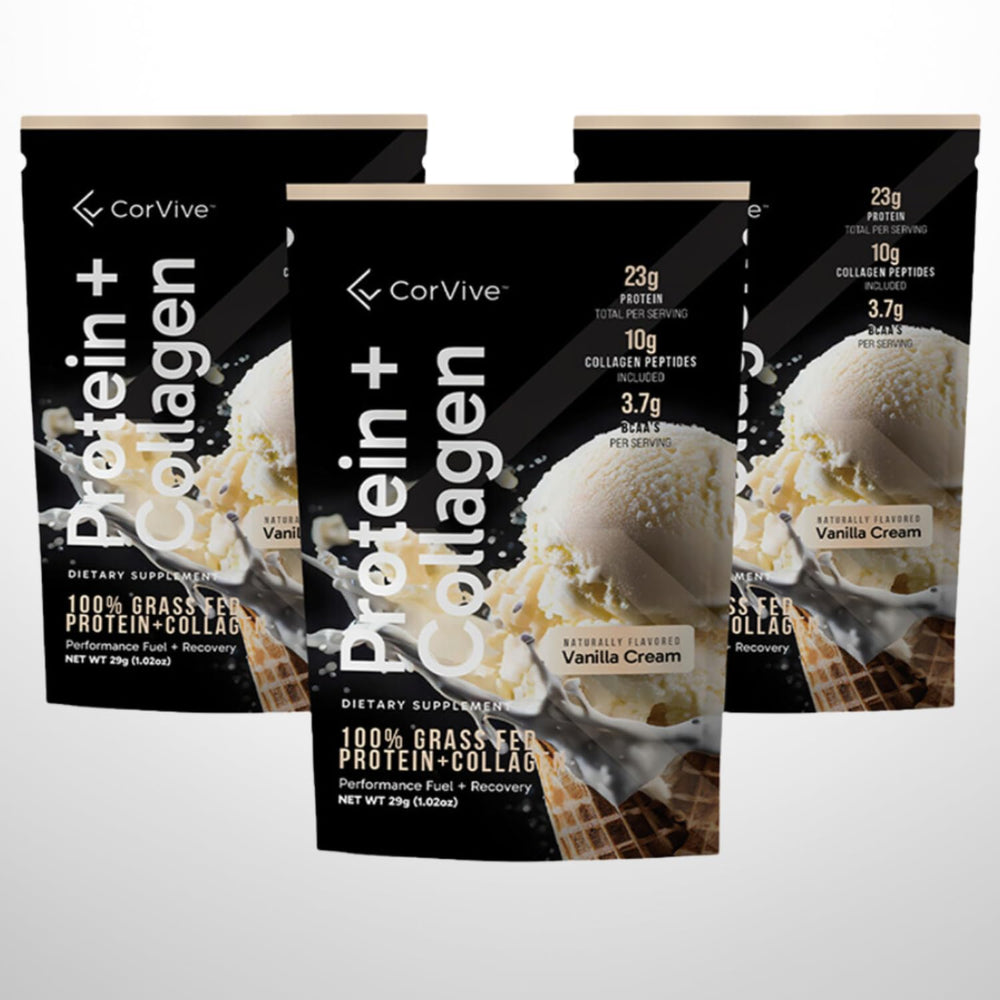 CorVive Protein Collagen vanilla shake image illustrating easy mixing after workouts.