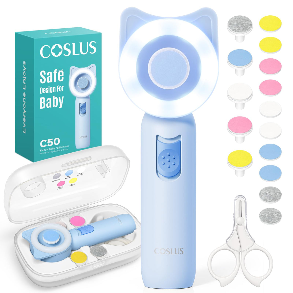COSLUS baby nail file trimmer with 360° light for precise nighttime grooming