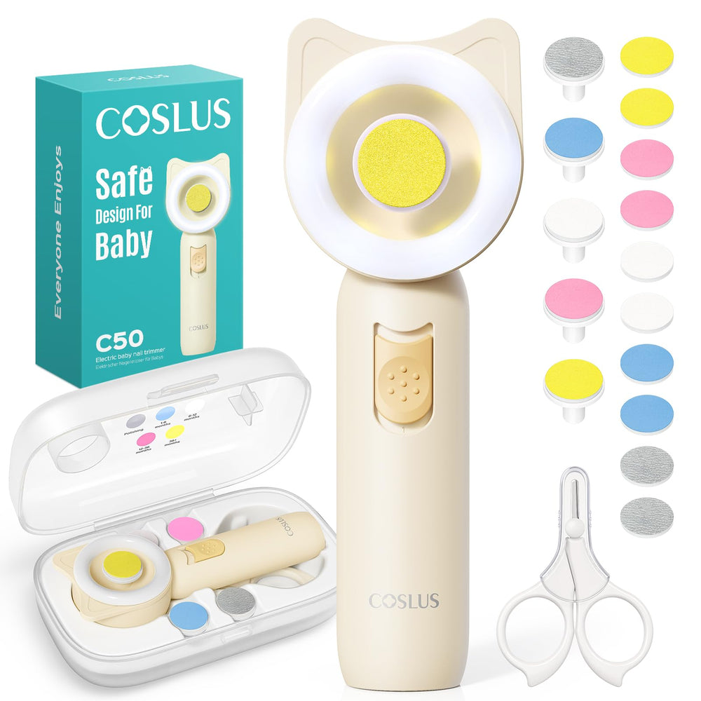 COSLUS baby nail file with 360° light for precise trimming in dim rooms.