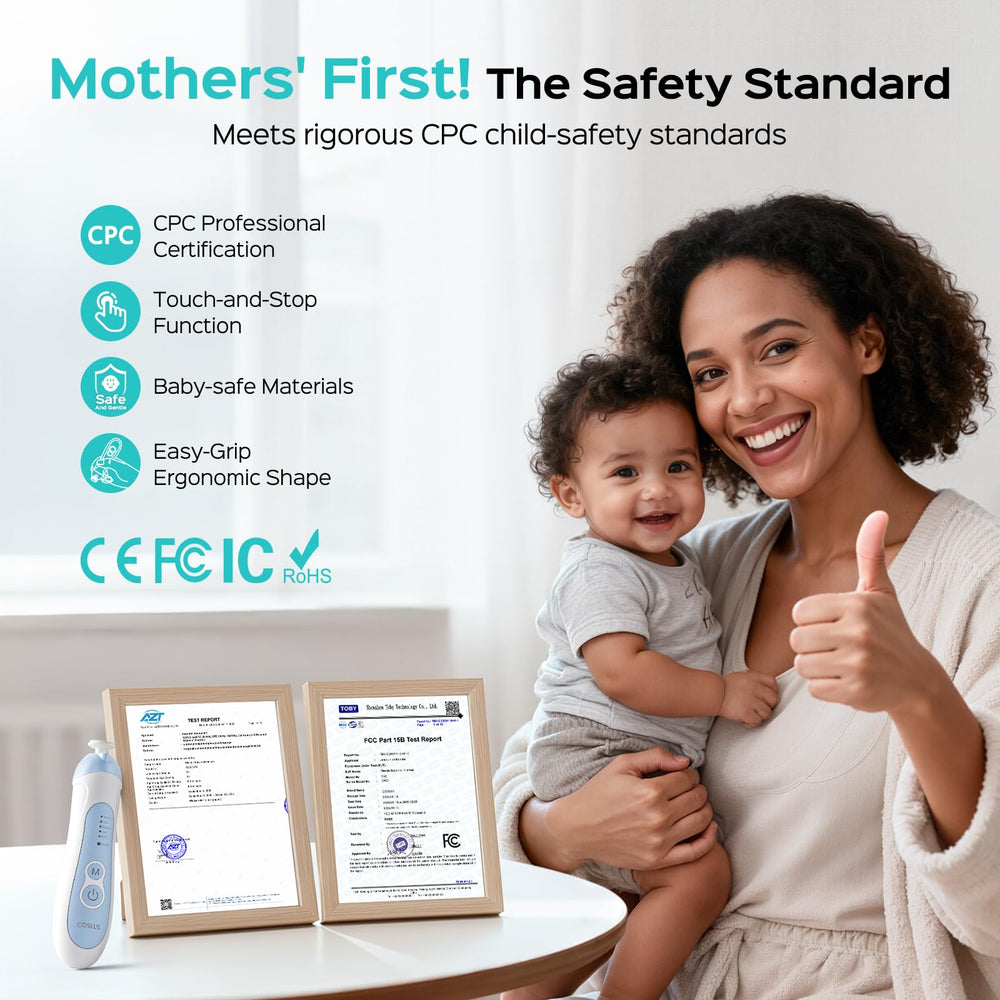 COSLUS baby nail file with USB charging cable highlights cordless convenience.