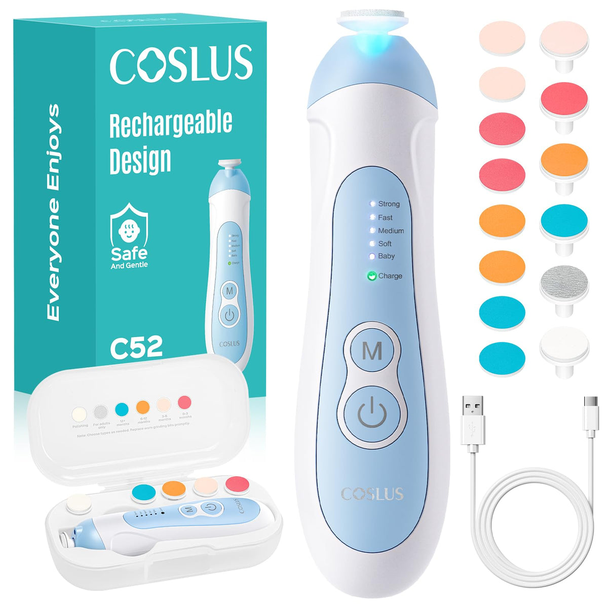 COSLUS rechargeable baby nail file front view for gentle on-the-go grooming.