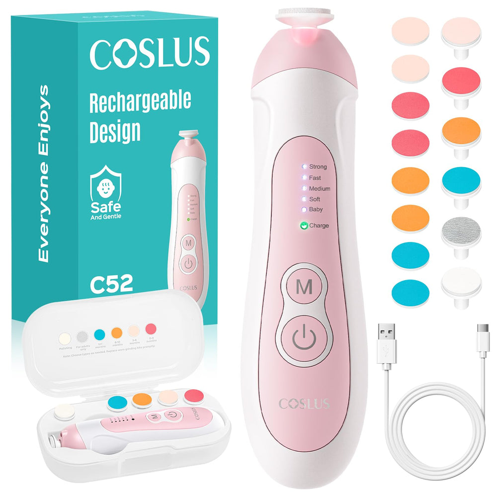 COSLUS rechargeable baby nail file in pink safely smooths tiny nails.