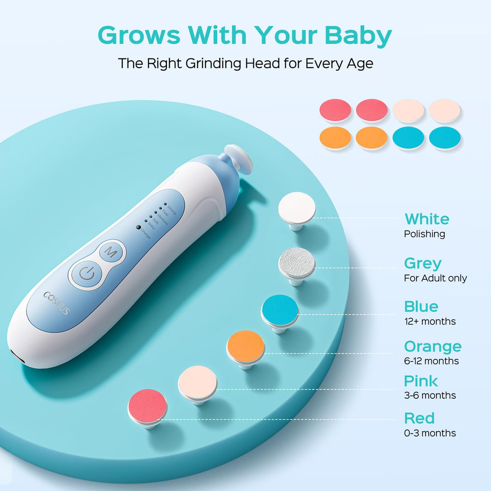 COSLUS six grinding heads laid out for newborn to pre-teen care.
